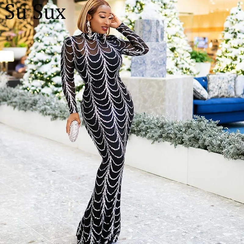 Sequins Party Dress Bandage Bodycon Maxi Robe Stande Collar Lone Sleeve Zipper Perspective Fishtail Long Dress African Clothes