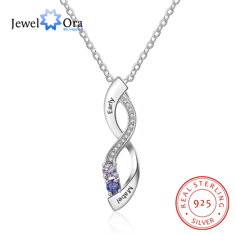 JewelOra 925 Sterling Silver Custom Engraved Pendant Personalized Infinity Name Necklaces with 2 Birthstones S925 Silver Jewelry