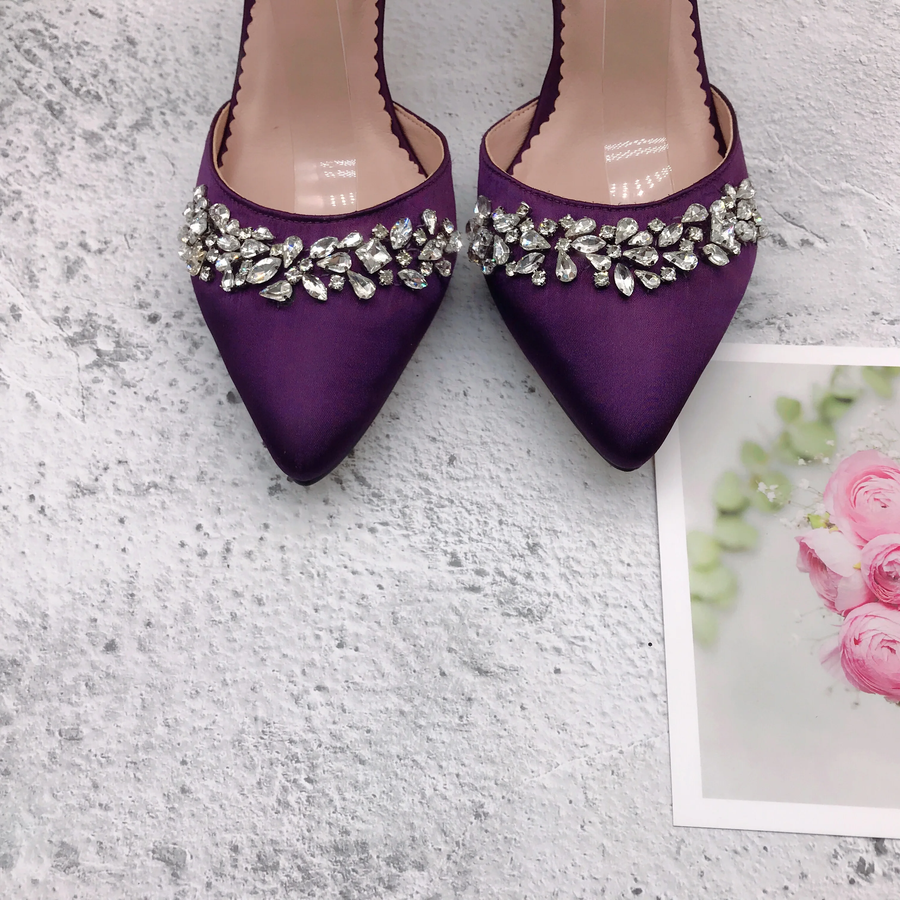 BS1258  Custom Made  High Heels Women Slipper Sandals Wedding Shoes Slides Purple Rhinestones Crystal  Shoes And Bag Set