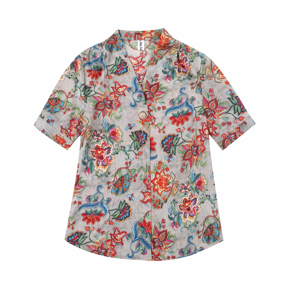 2021 Summer Women Chinese Style Lotus Short Sleeves Rayon Shirt