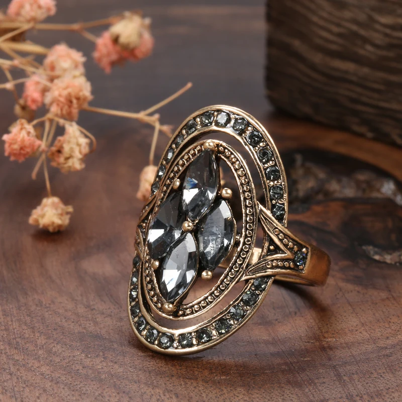 Wbmqda Charm Boho Gray Crystal Rings for Women 585 Antique Gold Color Ethnic Wedding Ring Vintage Jewelry Russia Accessories