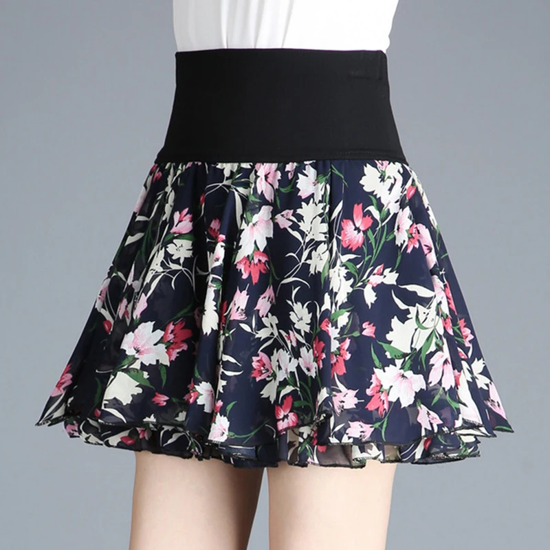 elastic high waist swing floral chiffon black pleated short skirts womens kawaii japanese school girl mini skirt skorts C474