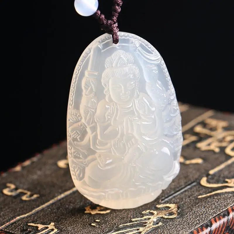 Natural White Chalcedony Thousand-Hand Guanyin Bodhisattva Pendant Zodiac Rat Patronus Men and Women Necklace Jewelry