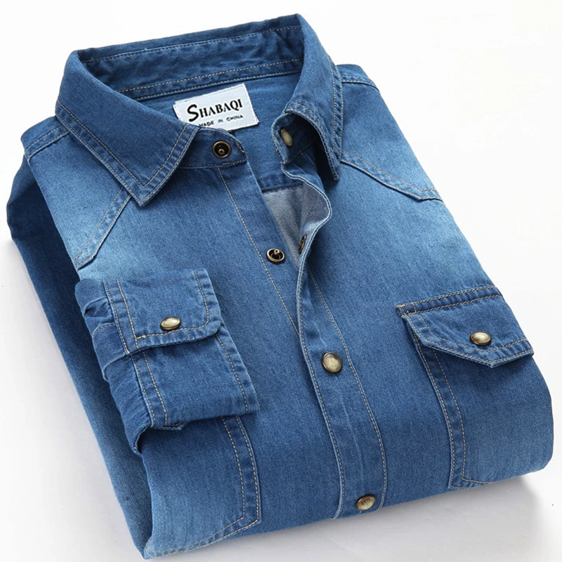 Men\'s Slim Denim Shirt 2022 Spring Luxury High Quality Cotton Square Collar Pocket Button Fashion Long Sleeve Jeans Shirt