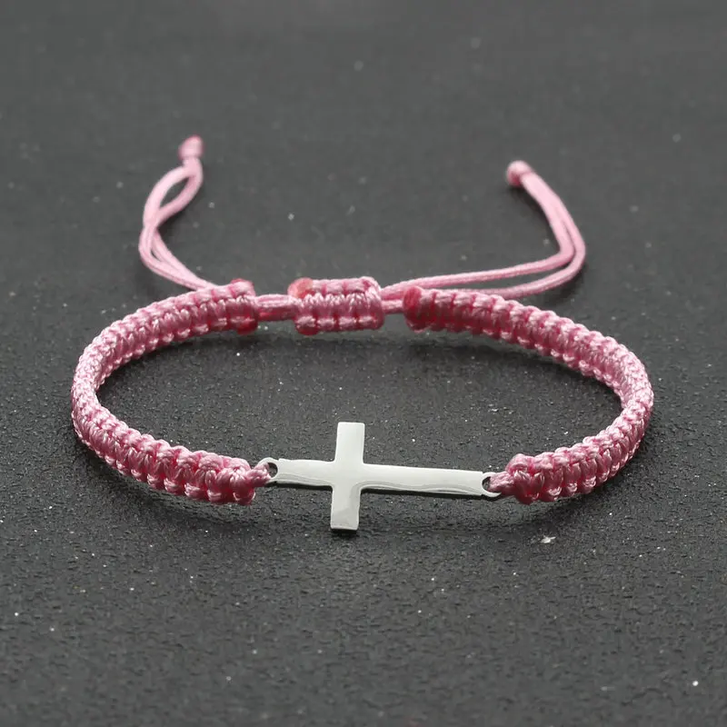 Image 6: Bracelet à breloques croix unisexe en acier inoxydable fait à la main pour hommes et femmes, bracelets tressés réglables, chaîne rouge porte-bonheur, cadeau de bijoux de manchette