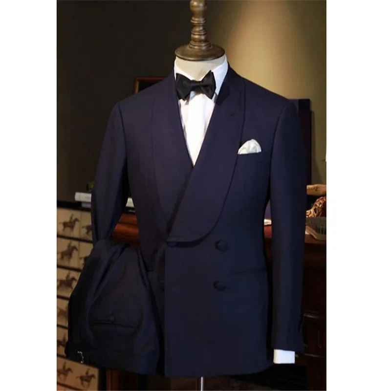 

2 Pieces Navy Blue Wedding Groom Classic Tuxedos for Prom Party Stage Double Breasted Slim fit Men Suits Blazer Jacket Pants