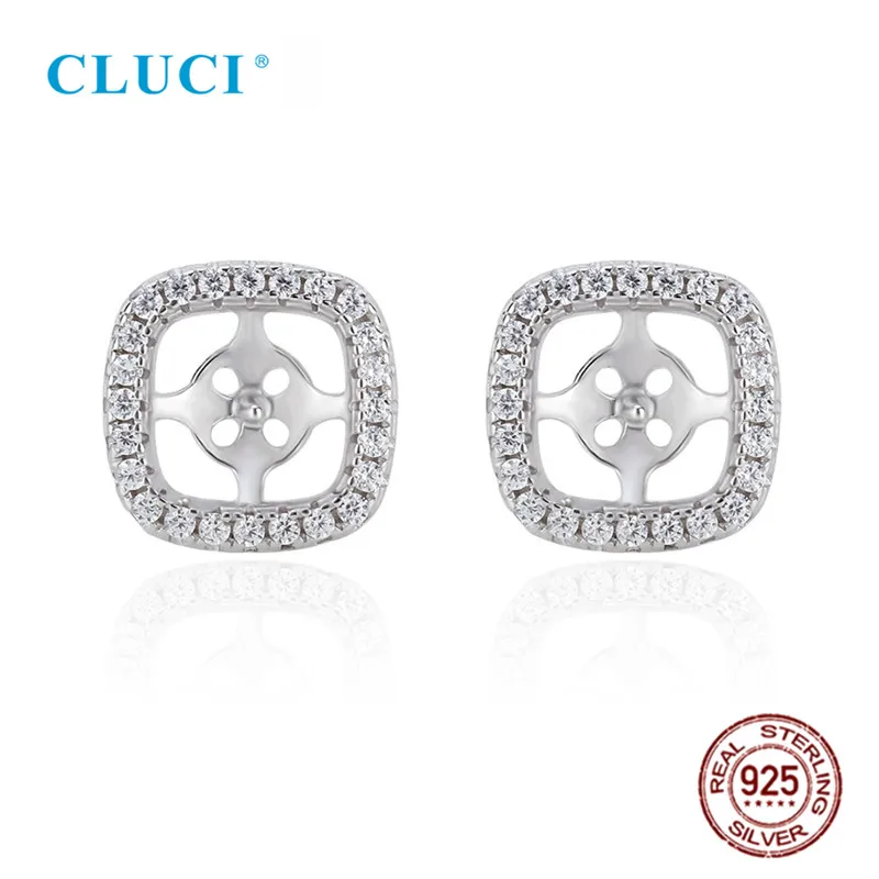 CLUCI Real 100% Sterling Silver 925  Earrings Square Zircon Pearl Stud Earrings Fittings for  Women SE151SB