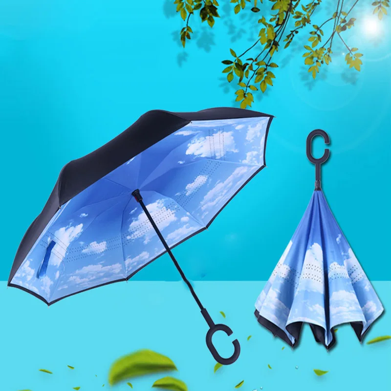 C Handle Windproof Reverse Folding Umbrella Man Women Sun Rain Car Inverted Umbrellas Double Layer Anti UV Self Stand Parapluie