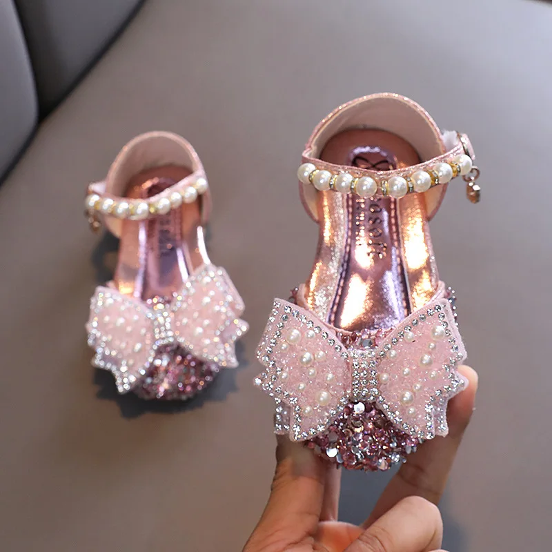 

Baby Girls Princess Shoes Sequins Pearl Bow Kids Sandals Non-slip Children Shoes Party Wedding Elegant Performance Shoes G354