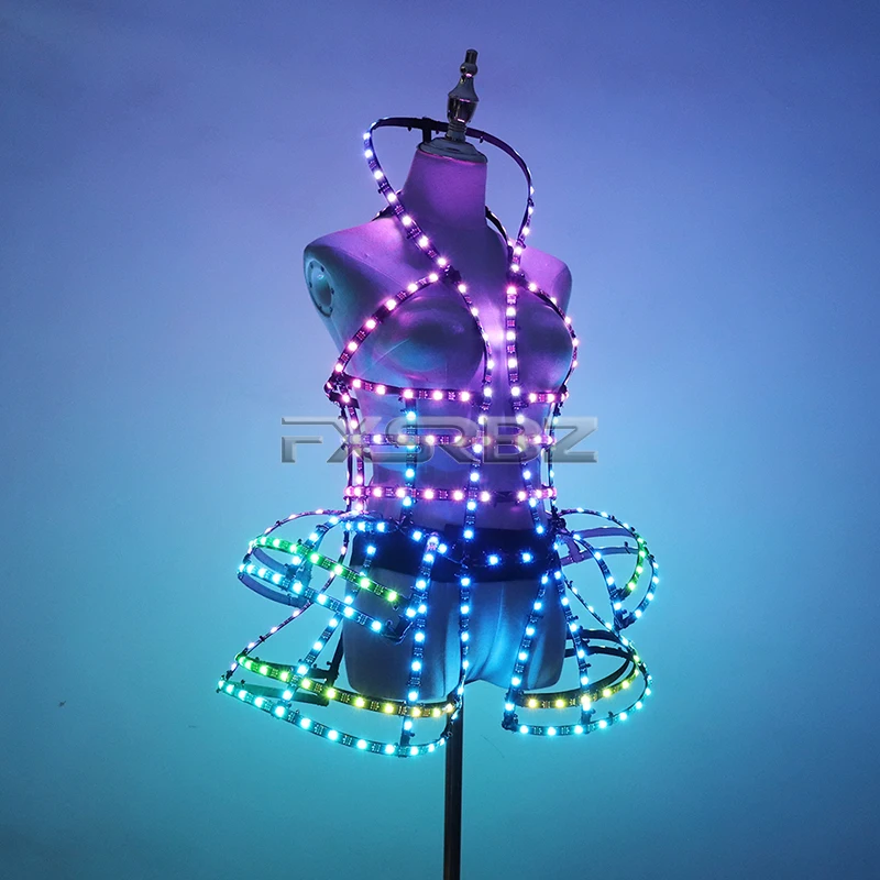 Full Color Digital LED Cage Clothing Suit Light Up Luminous Costumes Sexy Girl Tutu Ballet Dancing LED Hollowed-Out Dress