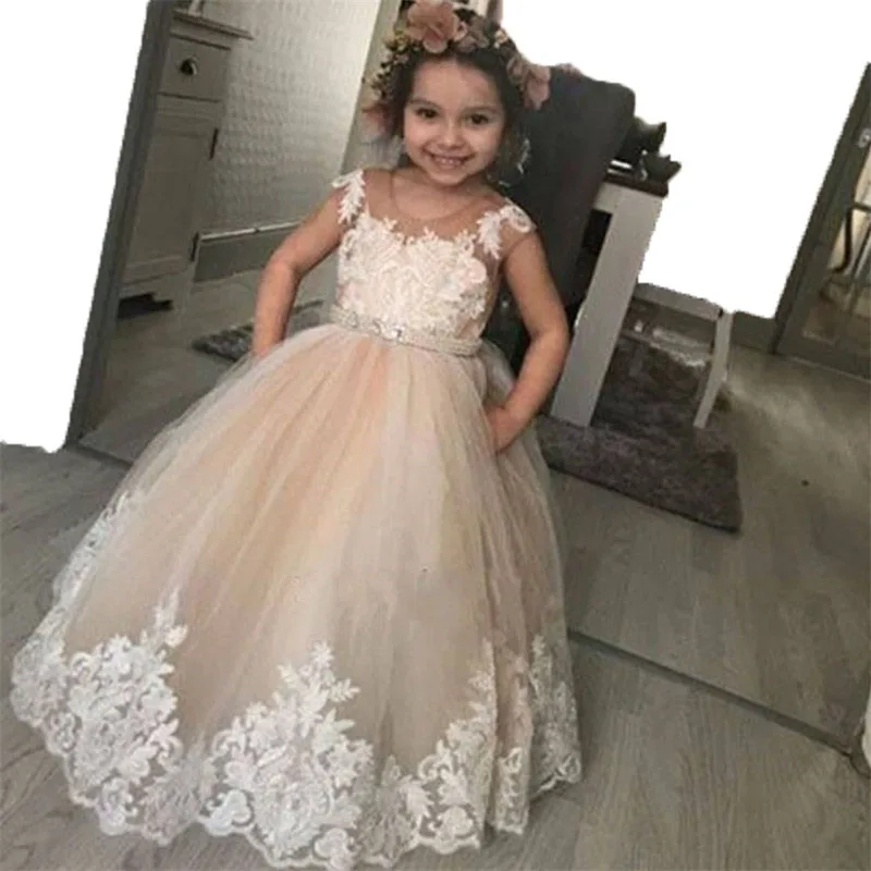 Vestido infantil inchado de laço de marfim, vestido floral de cetim para meninas, vestido longo de princesa com laço para crianças