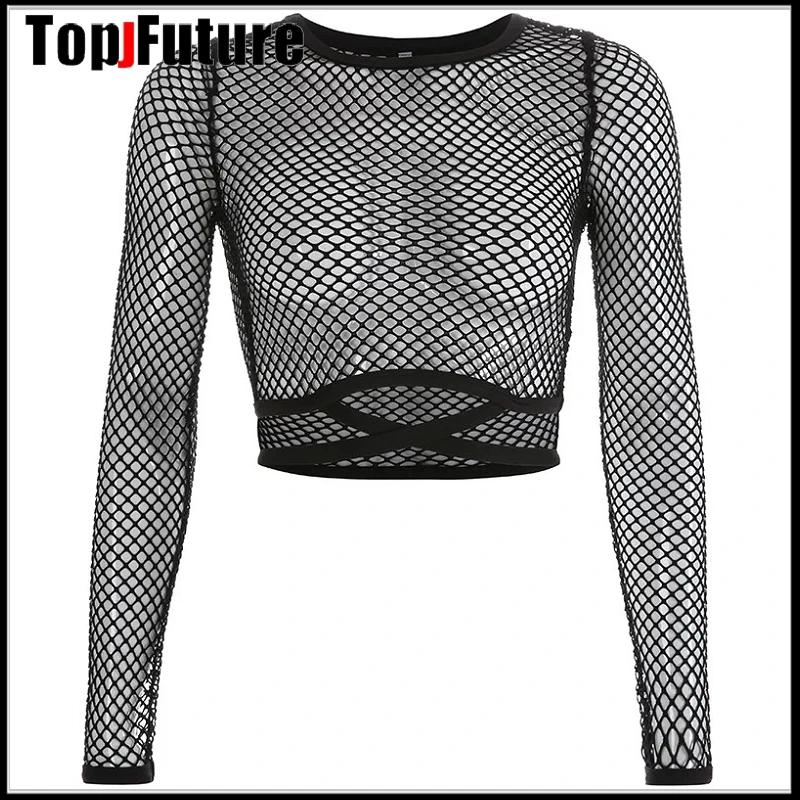 Women Girl Cut out mesh long sleeve top with fashionable backing Fish net top shirt base coat