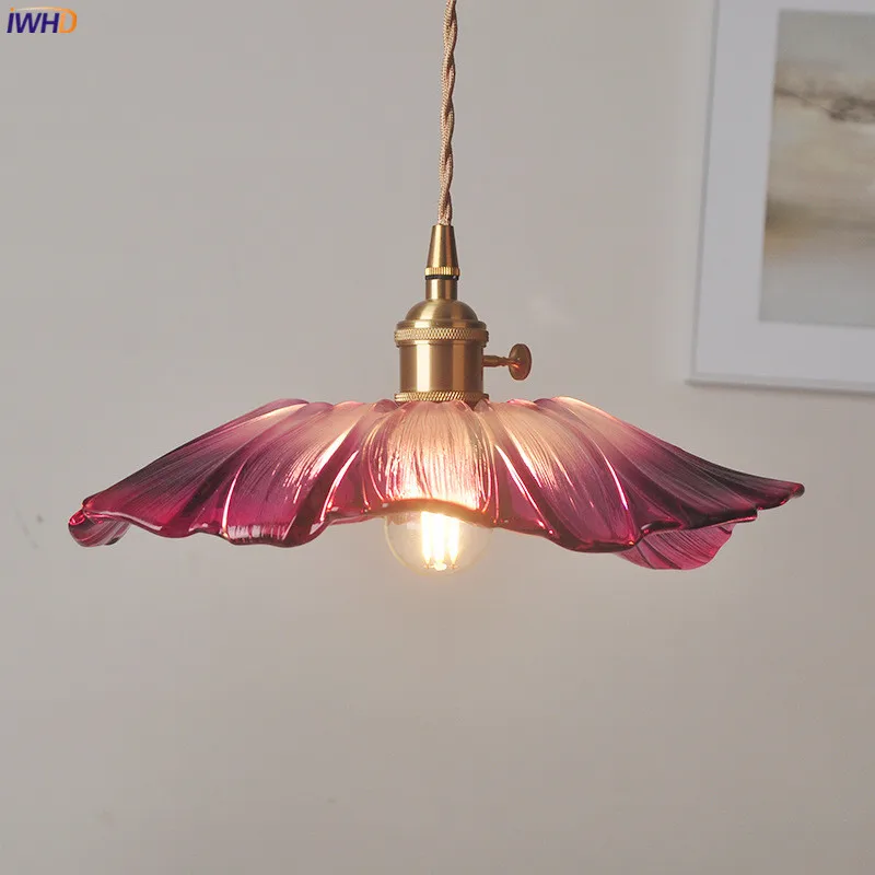 

IWHD Nordic Purple Glass LED Pendant Light Fixtures Knob Switch Bar Cafe Bedroom Dinning Room Modern Hanging Lamp Luminaria