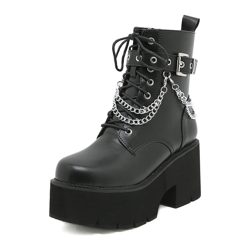 Gdgydh Modern Boots Woman Shoes Gothic Metal Decoration Black Boots Women Heel Sexy Chain Chunky Heel Platform Footwear Zipper image 3