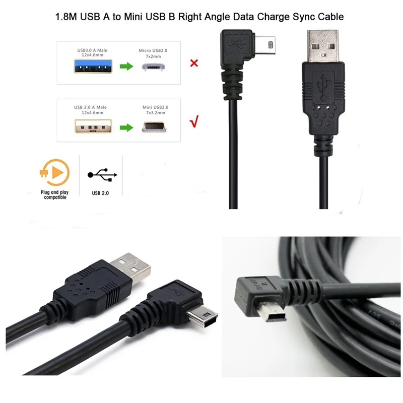 Mini USB B Type 5pin Male Left Right  Angled 90 Degree to USB 2.0 Male Data Cable