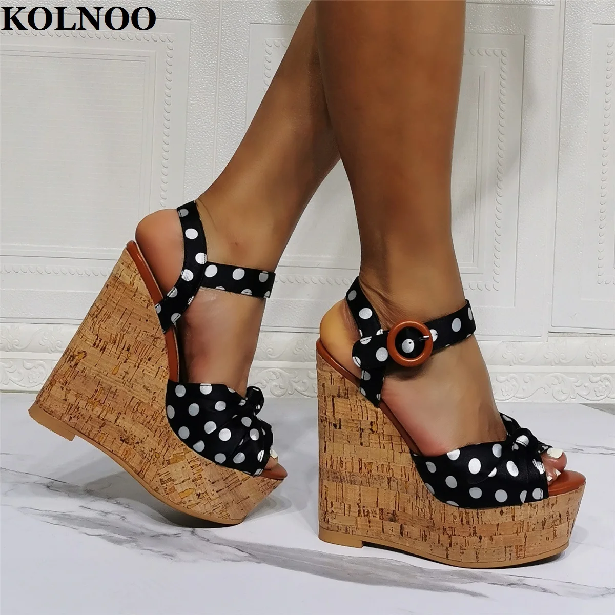 

KOLNOO 2022 Newest Style Handmade Womens Wadges Heels Sandals Dots Leather Open-Toe Sexy Evening Party Prom Fashion Summer Shoes