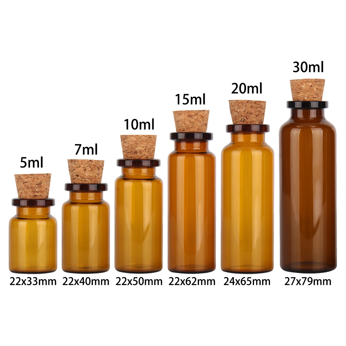 24pcs/lot 5ml 7ml 10ml 15ml 20ml 30ml Amber Glass Bottles With Cork Stopper Empty Message Jars Vials For Art DIY Crafts