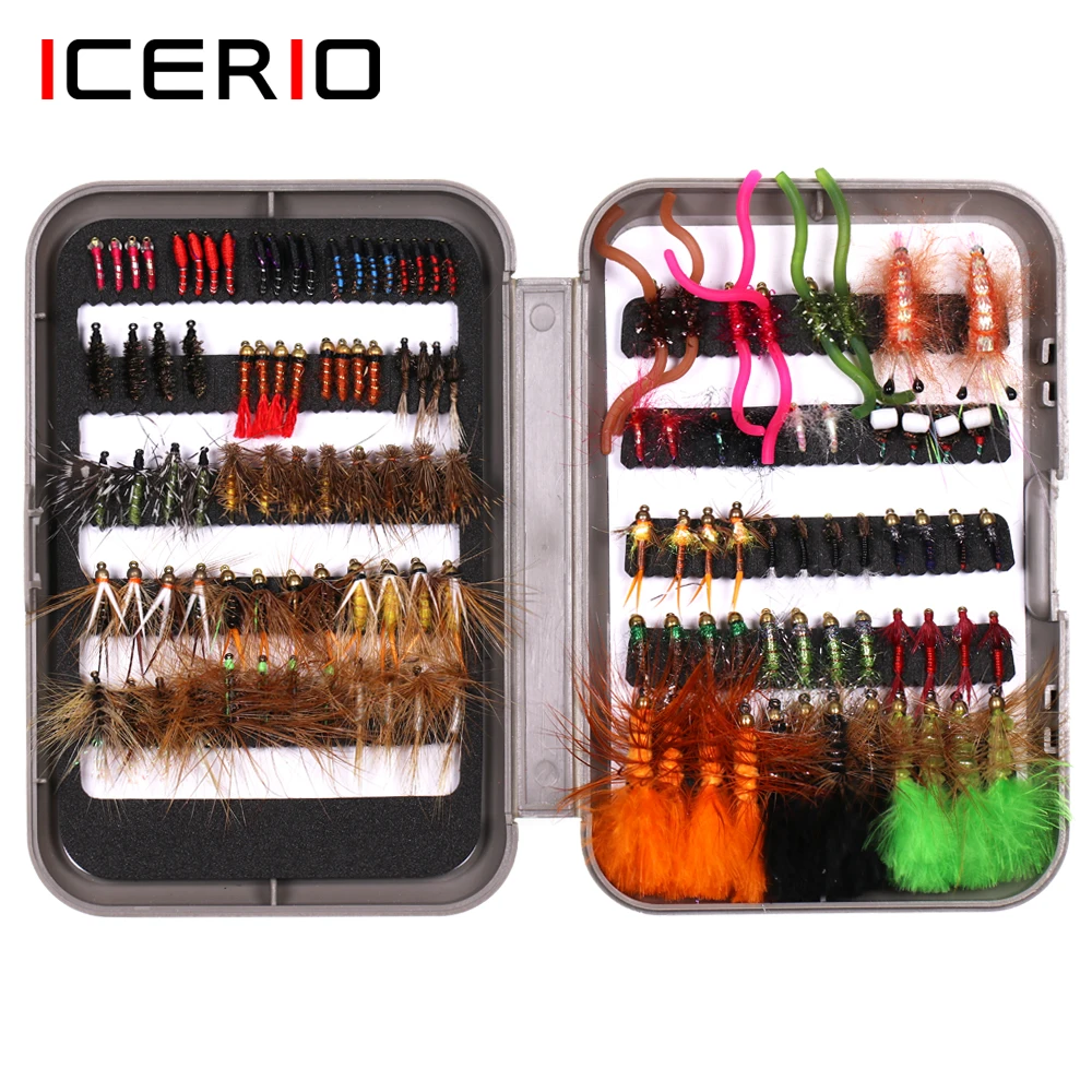 

ICERIO 126PCS Wooly Bugger Streamer Nymphs Squirmy worm Larvae with Fly Box for Trout Fishing Fly Lures Baits