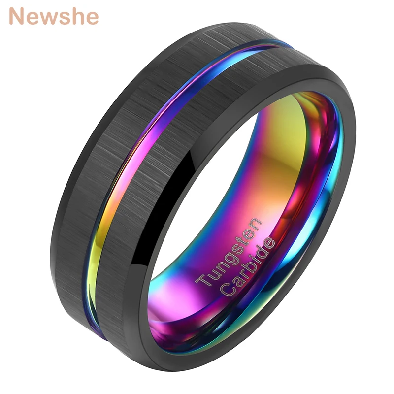 Newshe Charm Men's Tungsten Carbide Ring 8mm Black Wedding Band Rainbow Intermediate Groove Size 7-13