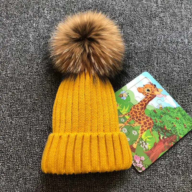 

2021 Plus velvet Winter Hat Cap For Kids Boy Girl Children Real Raccoon Fur Ball hats Warm Fur Pom Poms Ski Hat Fur Pompoms Hat