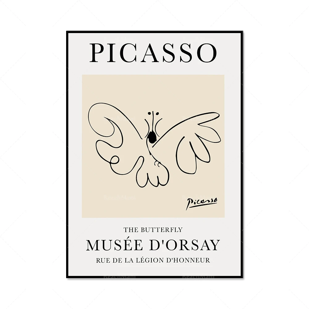Pablo Picasso, dove of peace, camel, elephant, butterfly sketch line art printing, Pablo Picasso museum exhibition vintage poste