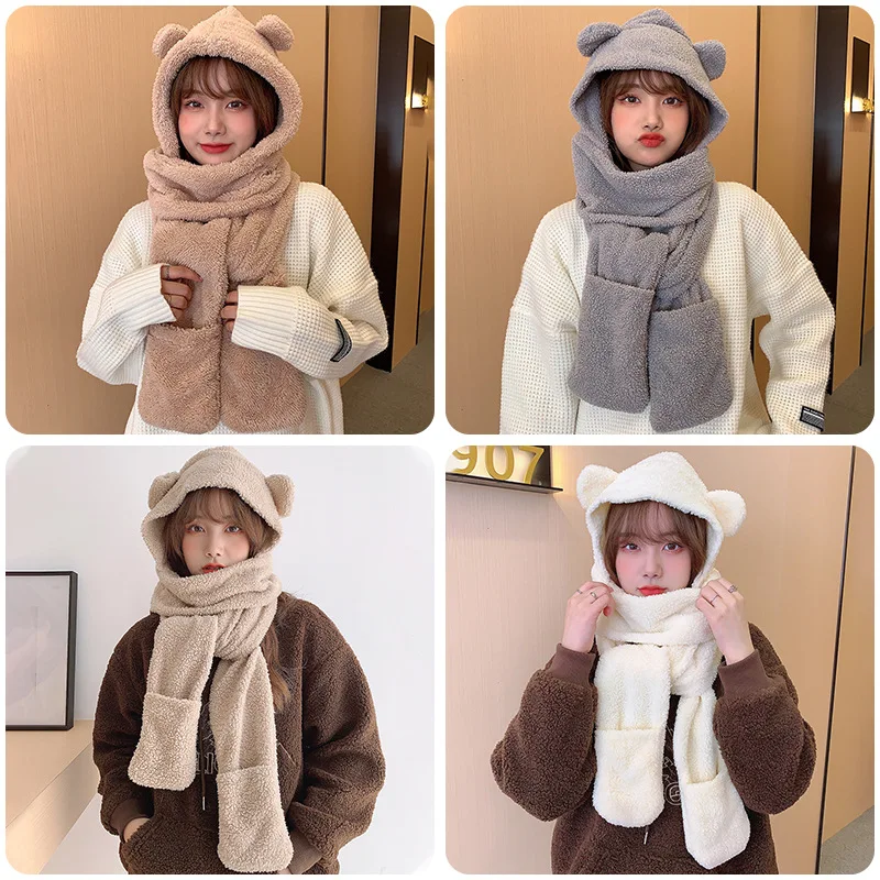 

New Cotton Woolen Beanies Hats Cute Soft Solid Scarf Gloves Cap for Winter Women Girl Bear Cap Warm Hand Neck Ears Protected Hat