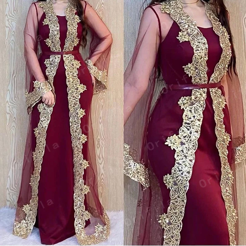 Kosovo Albanian Caftan Evening Dress With Coat Middle East Arabic Dubai Prom Dresses Mermaid Gold Applique Formal Occasion Wear