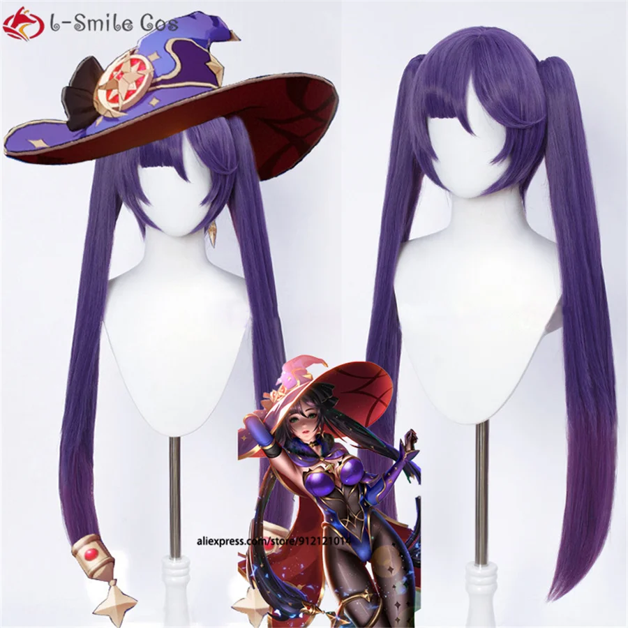 

Game Mona Purple Long Cosplay Wig With Twin Ponytails Bangs Heat Resistant Synthetic Hair Halloween Wigs + Wig