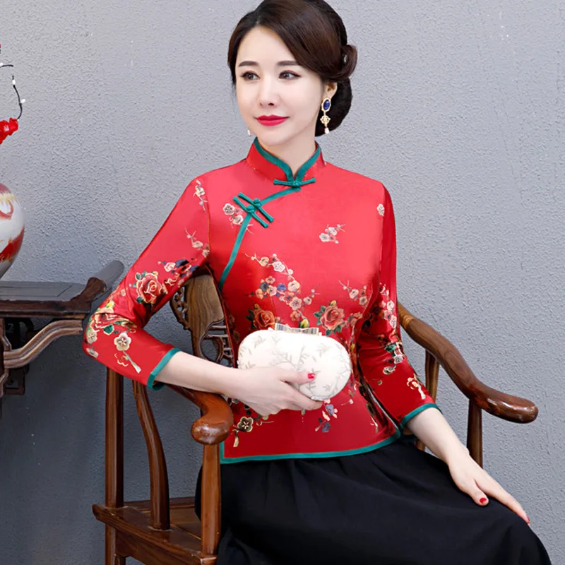 Autumn Winter New Women Velour Mandarin Collar Tang Shirt Top Elegant Chinese Female Party Clothes Casual Business Blouse 6XL