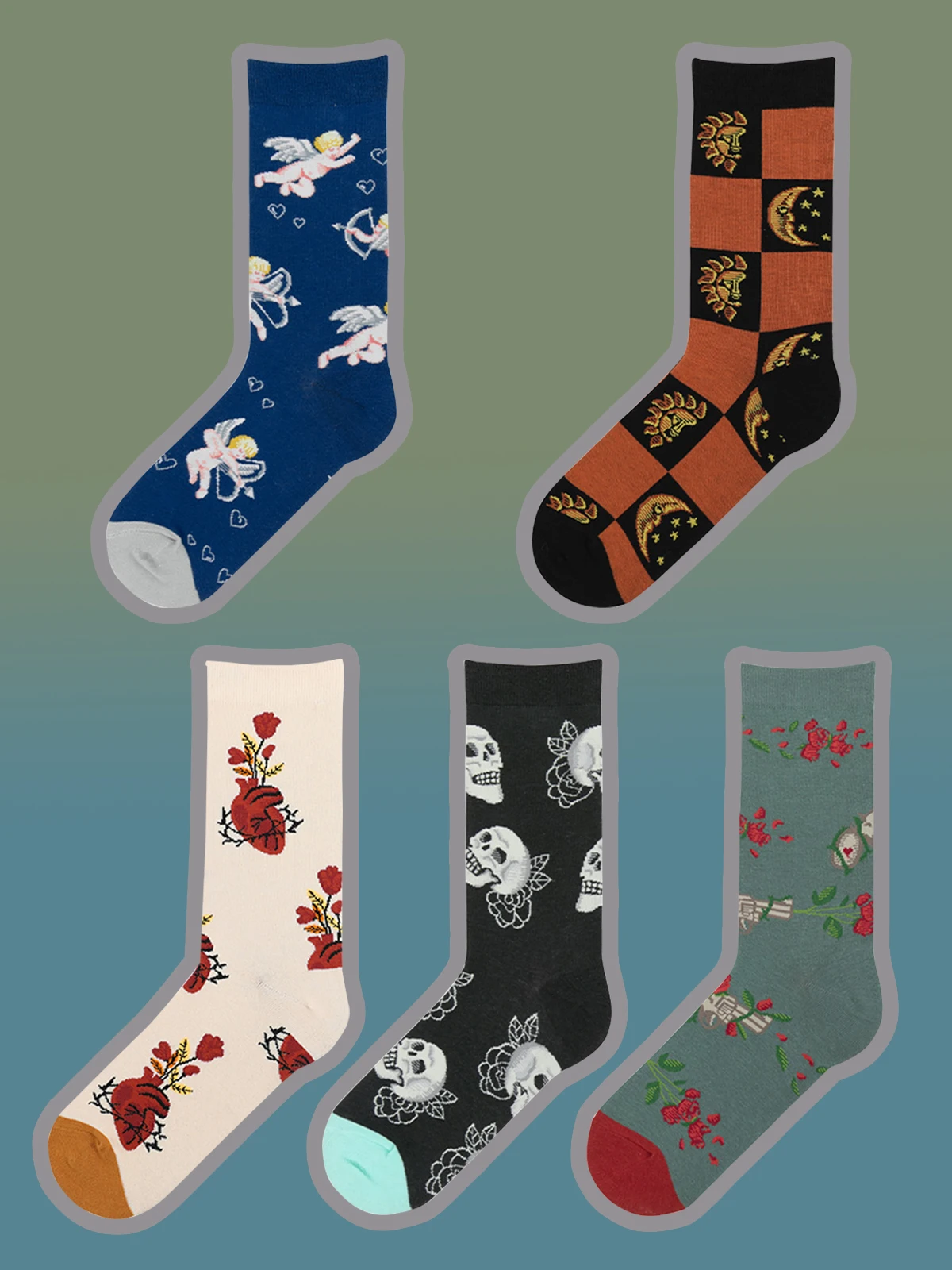 

Street Fashion Cotton Socks Cupid Angel Bubble Love Heart Foam Frot Human Skeleton Skull Pistol Handgun Vine Gun Sun Moon Star