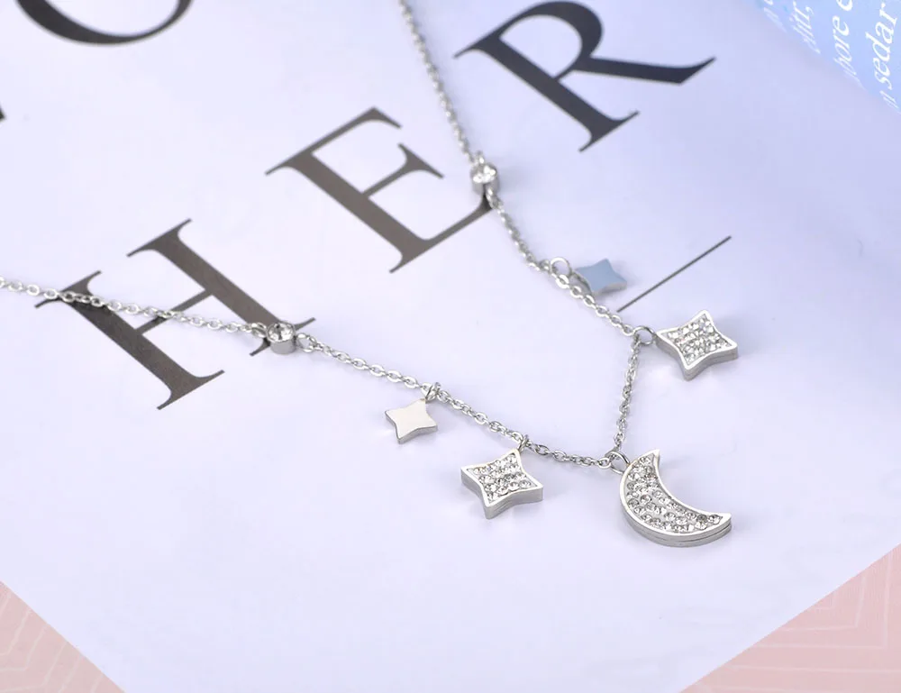 Lokaer Titanium Stainless Steel CZ Crystal Star Moon Charm Pendant Necklace Jewelry Trendy Choker Necklace For Women Girl N19116