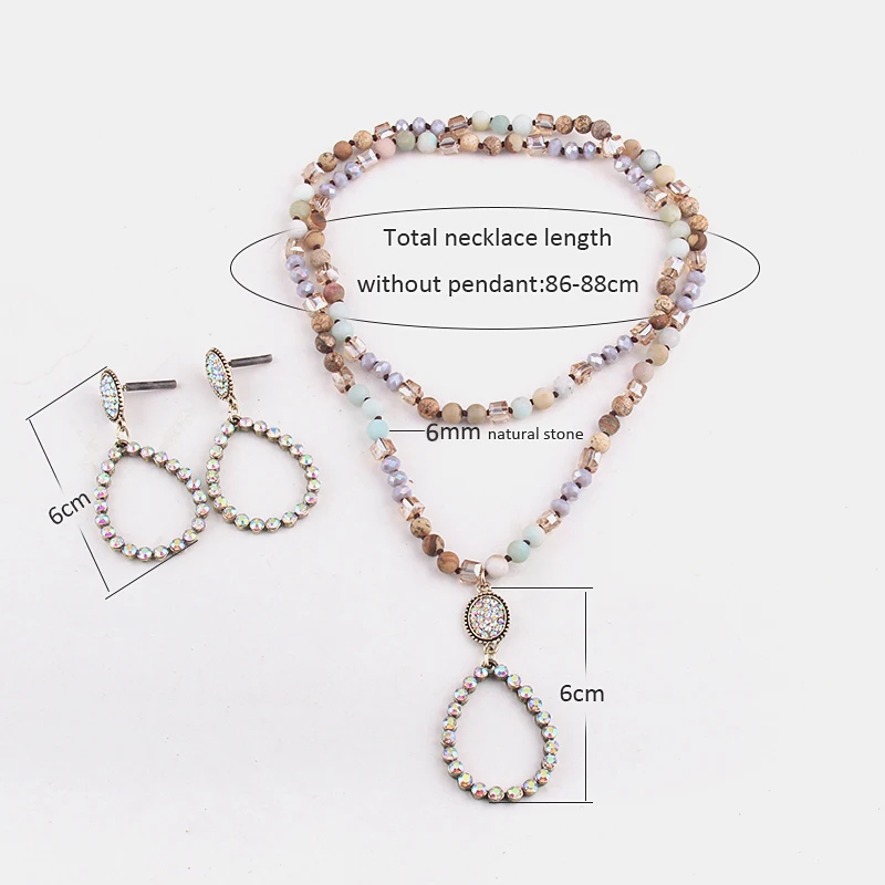 RH Fashion Jewelry Set Natural Stone & Glass Long Knotted Drop Pendant Necklace Earring Set Women Gift Dropship