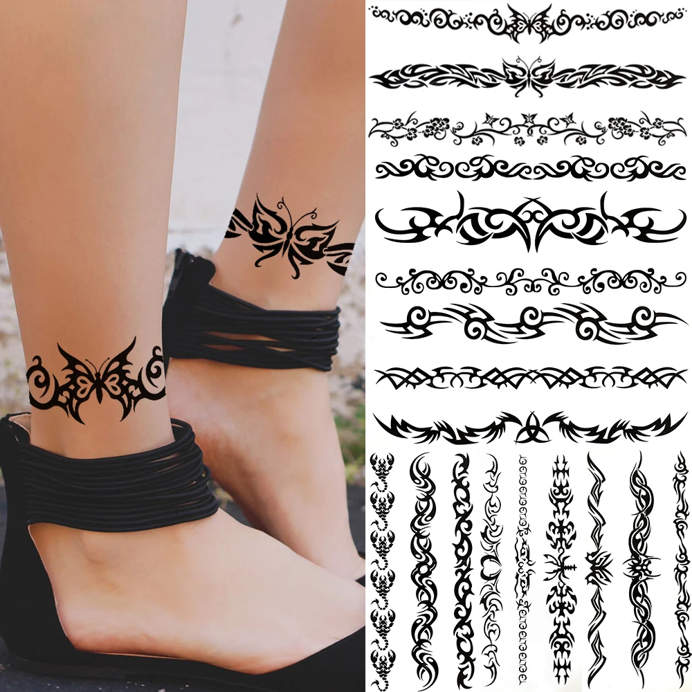 Butterfly Henna Temporary Tattoos For Women Men Adults Fake Scorpion Tribal Tattoo Totem Sticker Black Thorns Tatoos Wristband