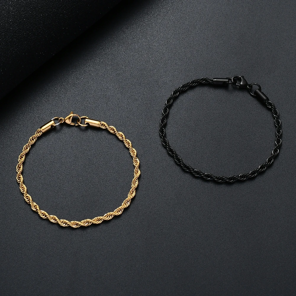 Precio al por mayor, pulsera de cadena de cuerda trenzada negra dorada de acero inoxidable 316L para hombres y mujeres, joyería de regalo de moda