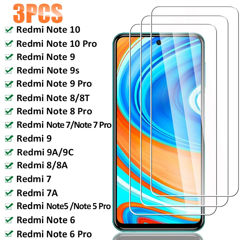 3PCS Protective Glass For Xiaomi Redmi Note 10 9 8 7 Pro Note 9S 8T 5 6 Pro Screen Protector For Redmi 9 9A 9C 8A 7A 8 7 Glass