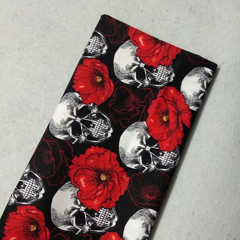 50x105cm Blooming Red Rose Flower Skull Printed Cotton Fabric Floral Skull Fabric Patchwork Cloth Dress Home Deco