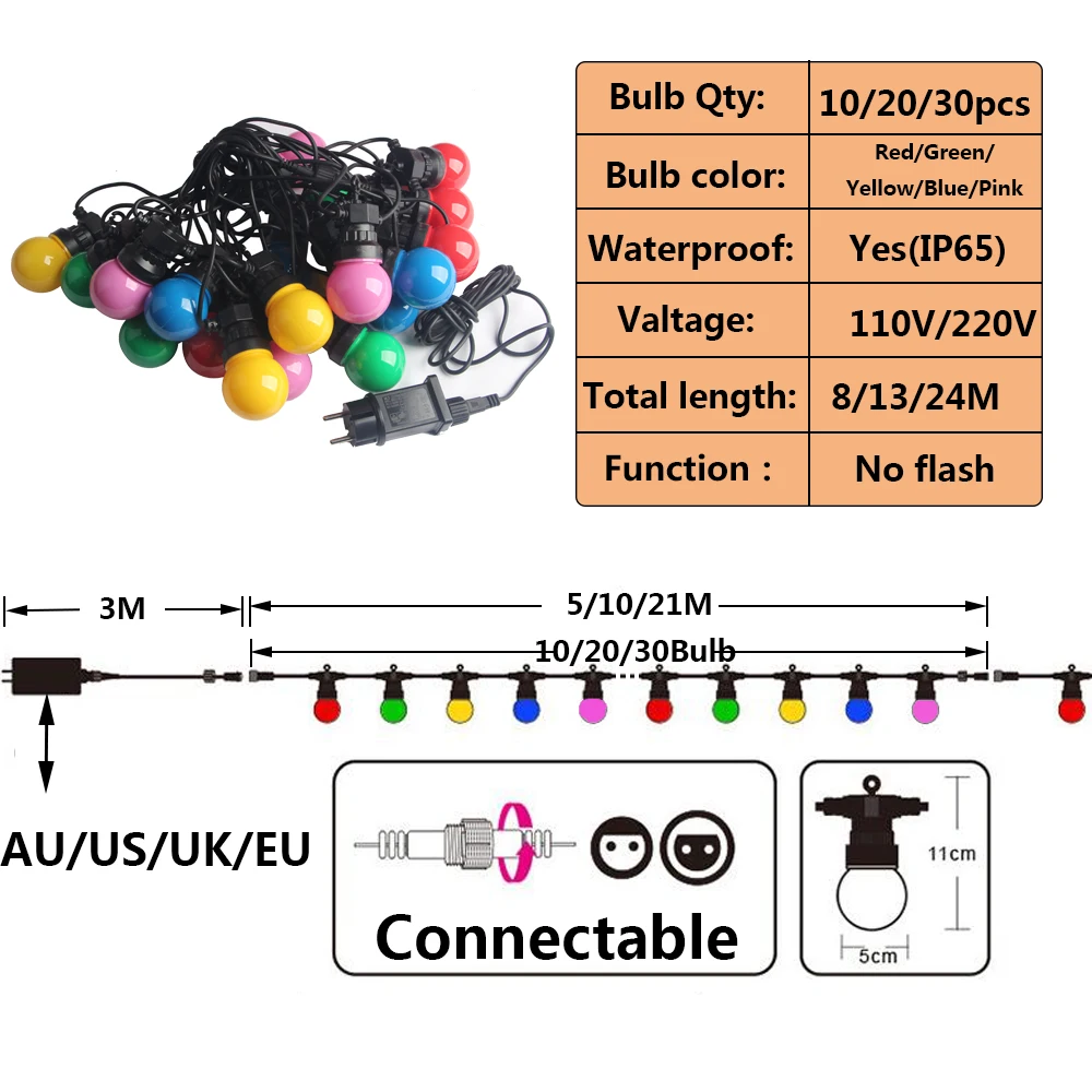 10/20/30 Colorful Bulb Led String Lights Fairy Christmas Outdoor Waterproof Globe Wedding Party Decor Garland For Backyard Patio