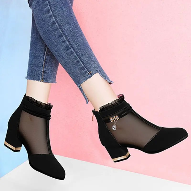 Women Sandals Boots,High Heeled Short Botas,Summer Mesh Shoes,Female Fashion Pointed Toe,Black,Big Size 35-41,Dropship