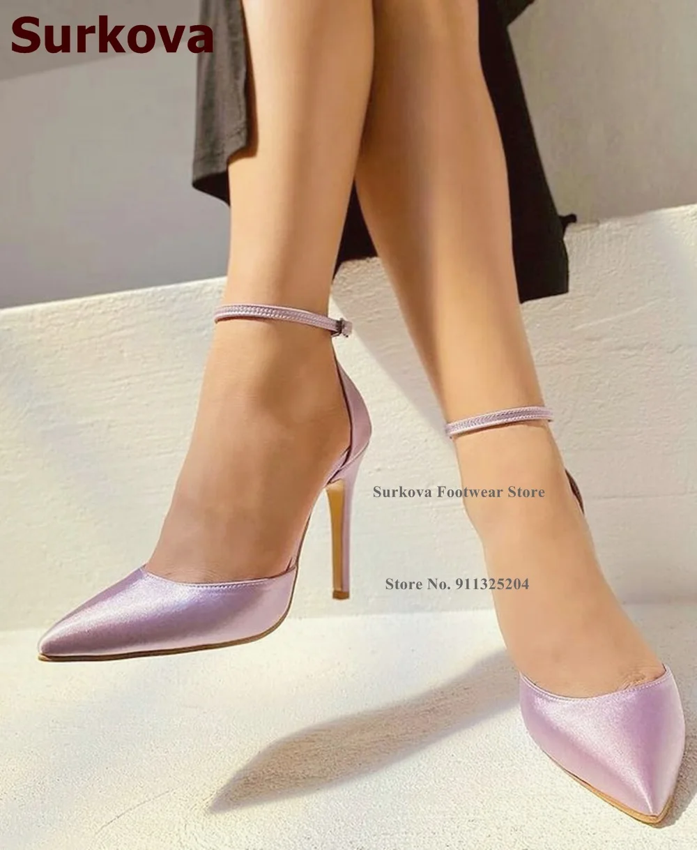 Surkova Light Purple Silk Cloth Pointed Toe Dress Pumps Charming Pink Satin Fabric Buckle Strap High Heel Wedding Shoes Size46