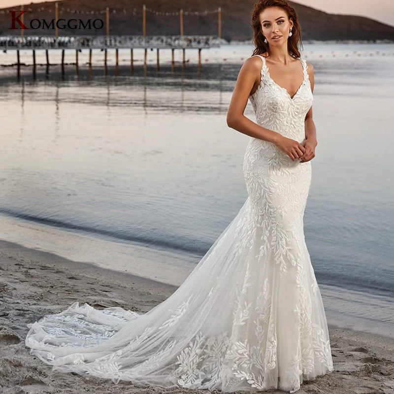 

Custom Made Sleeveless Chapel Train Embroidery Appliques Tulle Mermaid Wedding Dress Luxury Backless Sweetheart Neck Bridal Gown