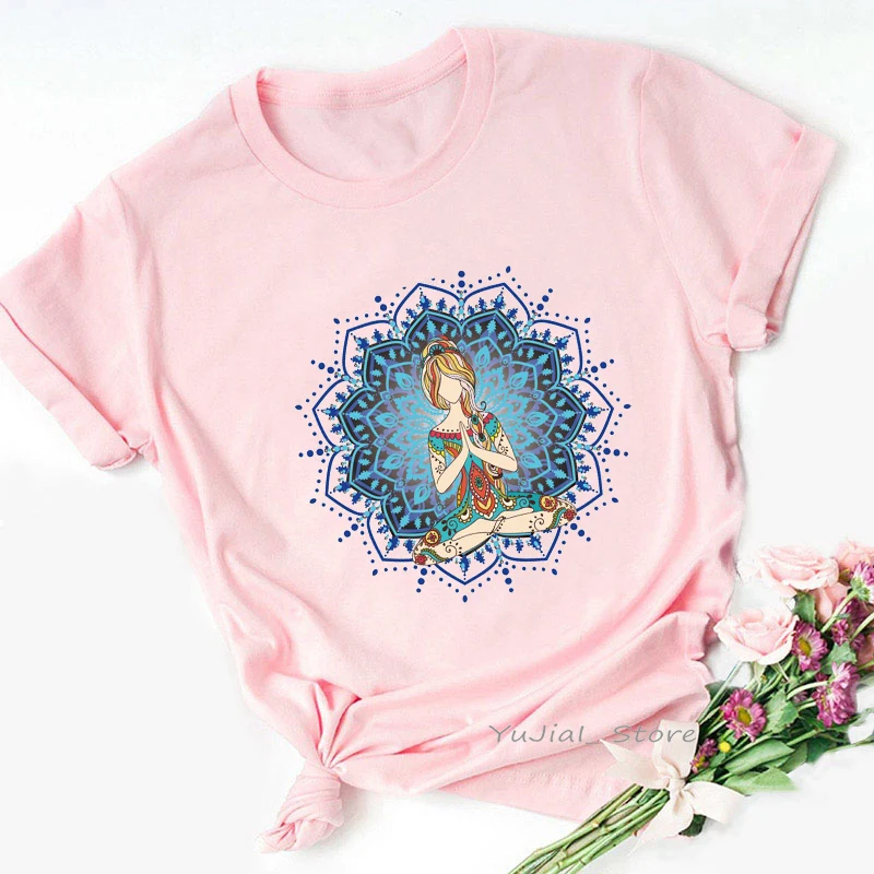 

Watercolor Mandala Print Tshirt Women'S Clothing Funny Pink T Shirt Femme Meditation Clothes Summer Fashion T-Shirt Female