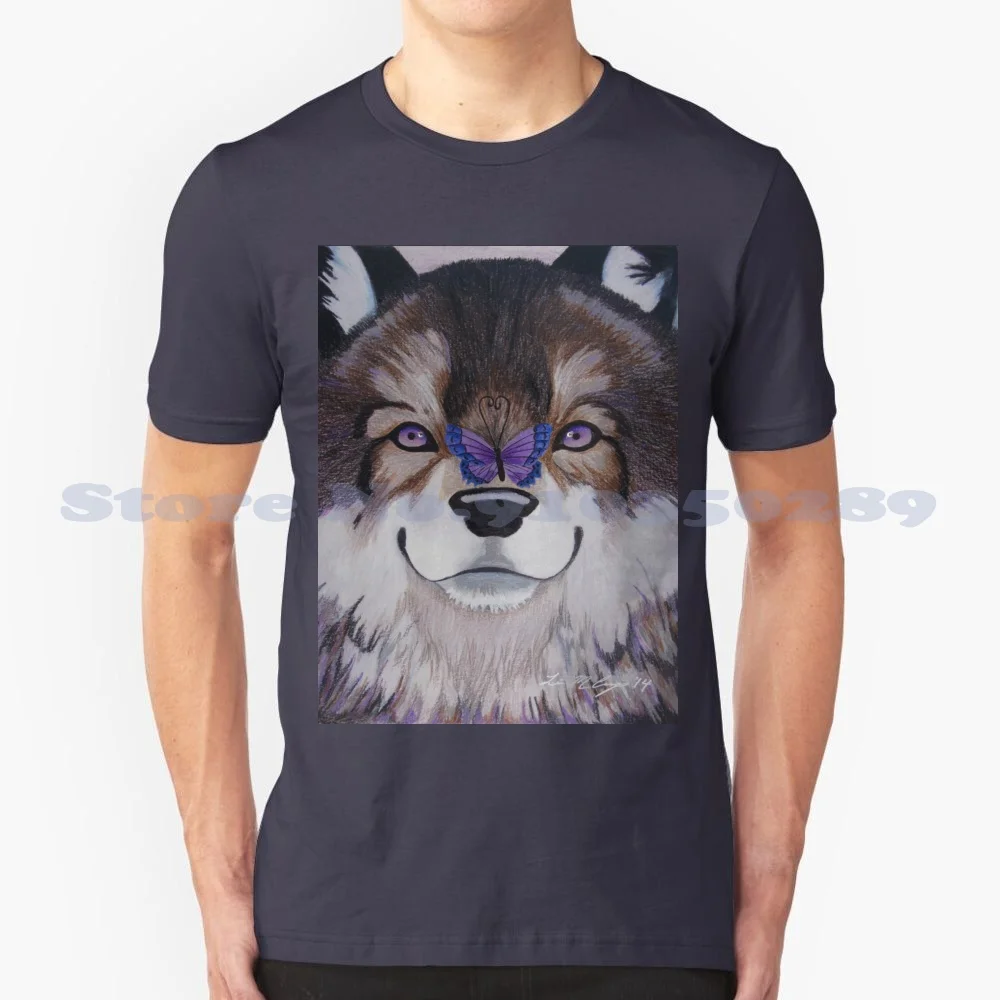 The Wolf And Butterfly 100% Cotton T-Shirt Butterfly Love Sweet Cute Wolves Pack Purple Fantasy Wildlife Face Portrait Canine