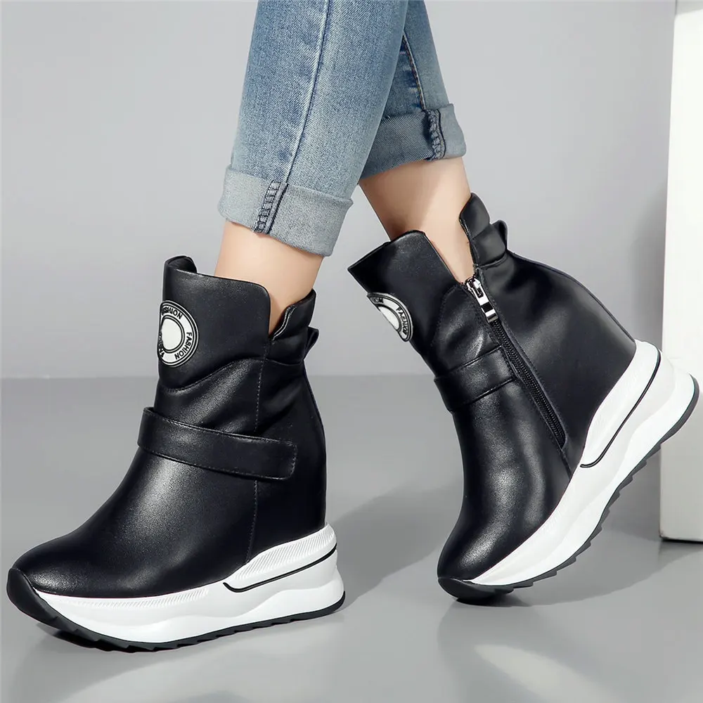 Platform Pumps Shoes Women Genuine Leather Wedges High Heel Ankle Boots Female High Top Round Toe Fashion Sneakers Casual Shoes