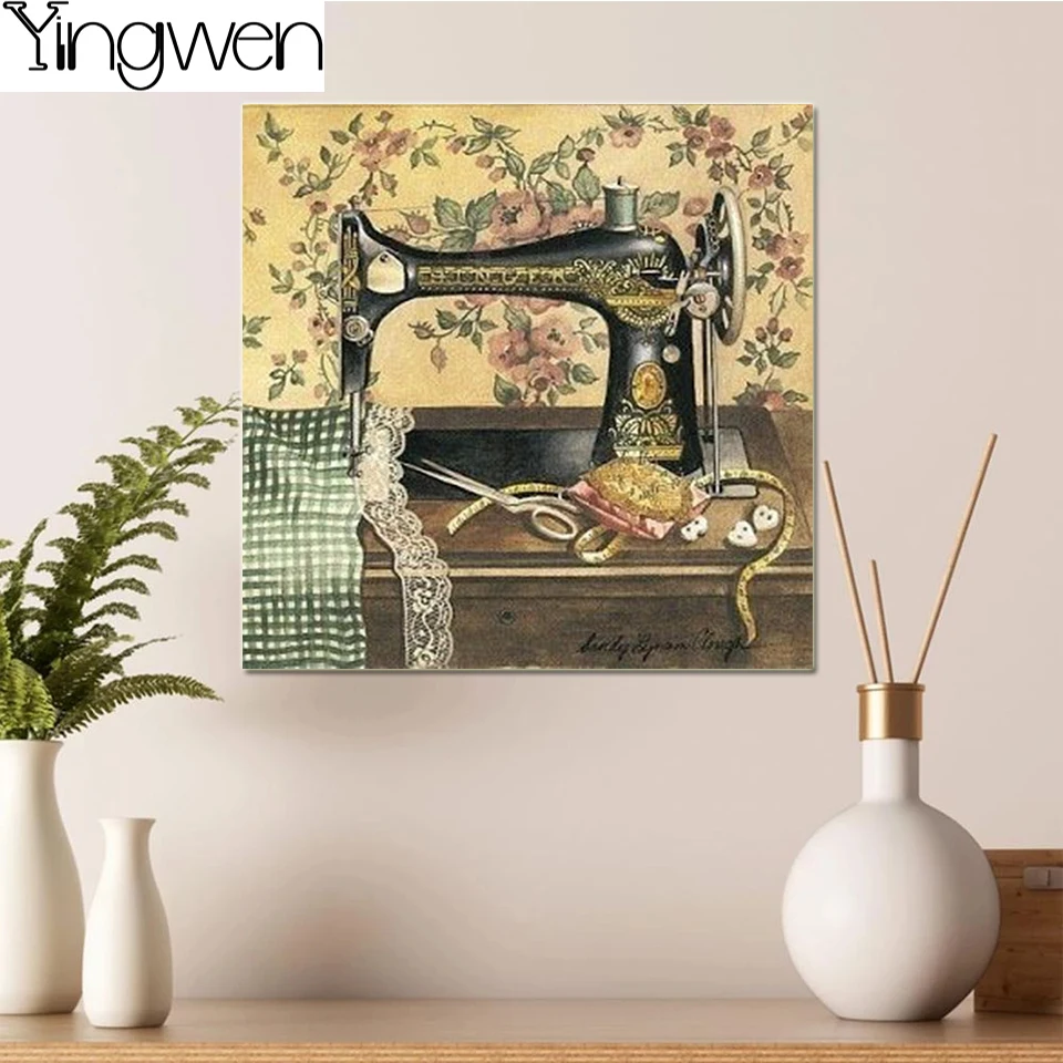 5D DIY Retro Diamond Painting Art Sewing Machine Full Diamond Mosaic Picture Embroidery Decoration Home Wall Sticker Puzzle Gift