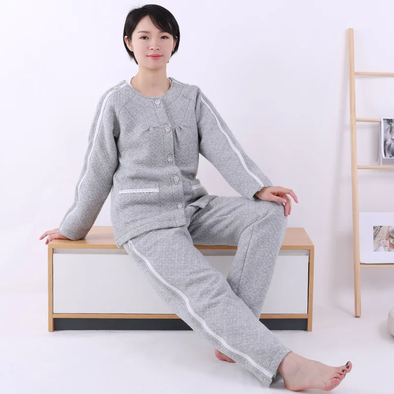 Women's Cotton Hospital Gown Autumn Post-Operative Care Top/Pants Fracture Recovery Easy Wear Zipper/Paste Closure