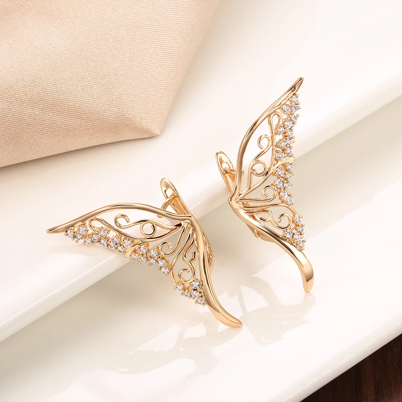 Wbmqda New Fashion 585 Rose Gold Butterfly Earring Ring for Women Mosaic Natural Zircon Shiny Cocktail Ring Luxury Jewelry Set