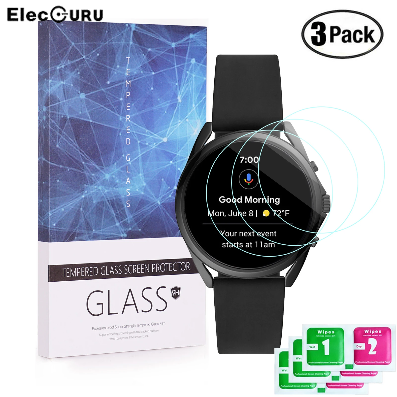 3 Pack for Fossil Gen 5  LTE Smartwatch Tempered Glass Screen Protector 9H Protective Film Scratch Resistant Anti-Shatter