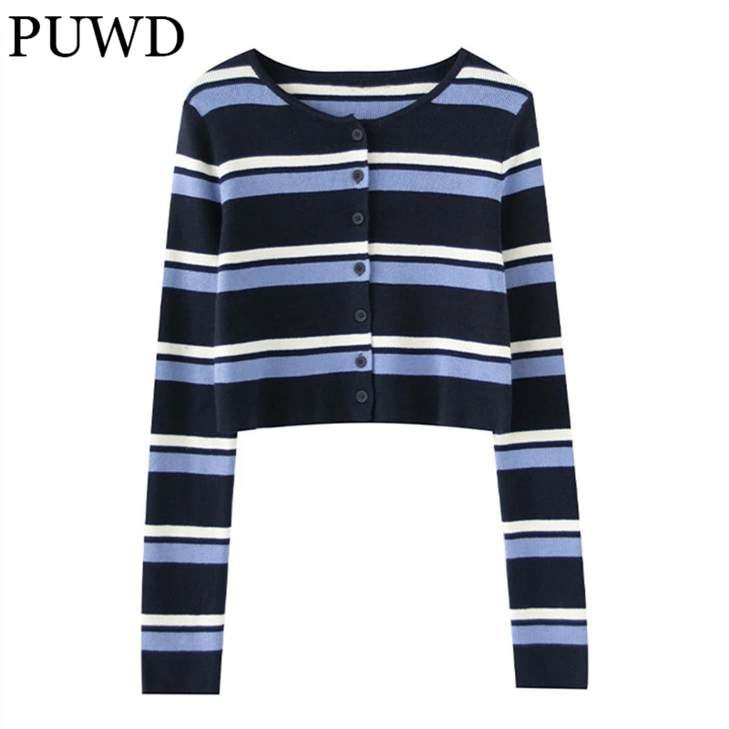 PUWD Vintage Women Stripe O Neck Cardigan Sweaters 2022 Autumn Fashion Ladies Button Knitted Shirt Female Slim Knitwear Tops