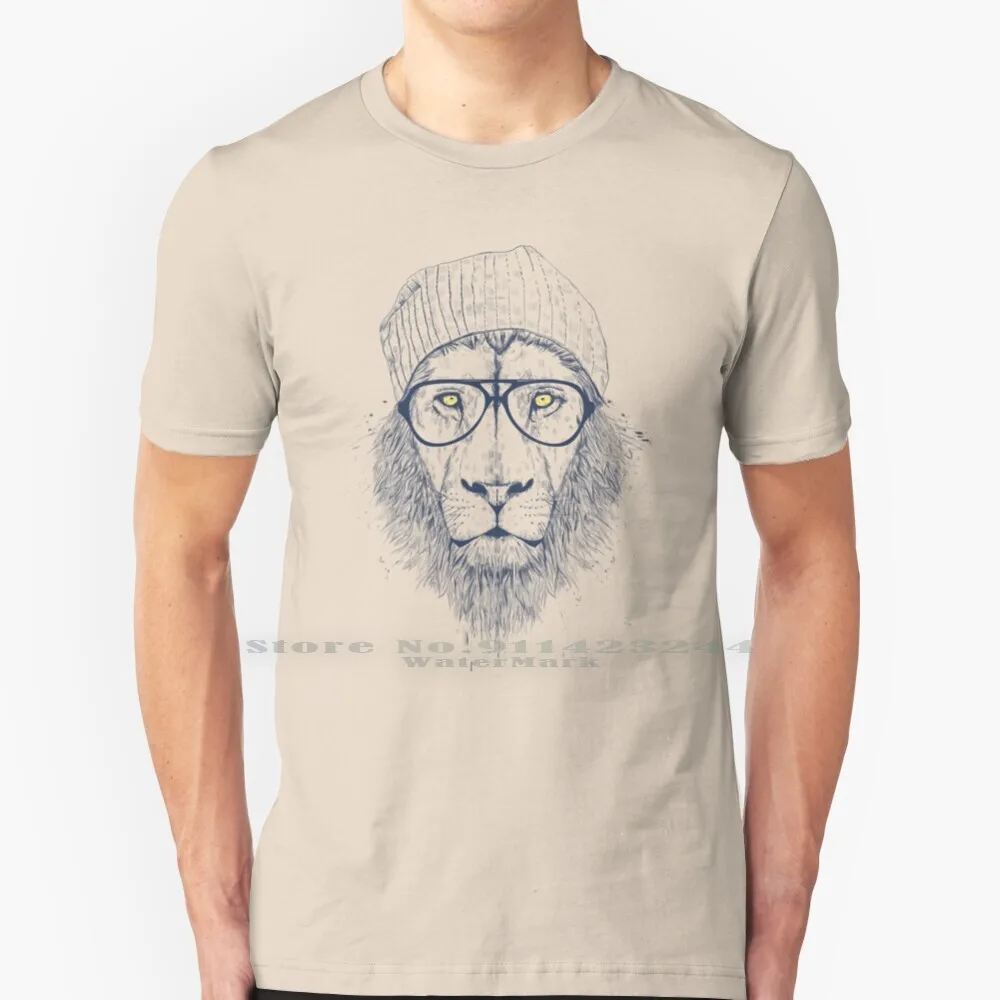 Cool Lion 100% Cotton T Shirt Animal Blue Yellow Glasses Hat Hipster Humor Funny Cool Balazs Solti Illustration Balazssolti