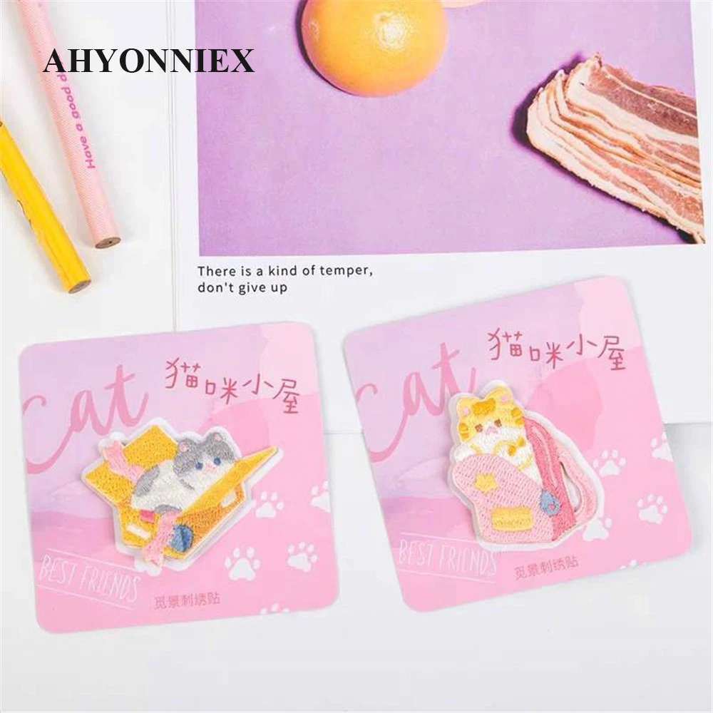 AHYONNIEX Naughty Cat Patches for Girls Bag Sticky Applique for Book Clothes Small Iron On Patch for Kids Clothes